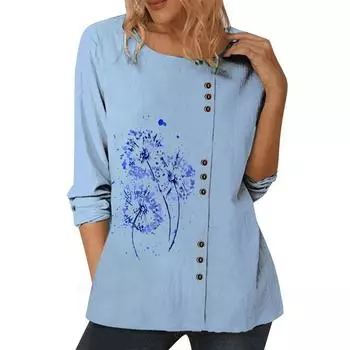 Женский хлопковый повседневный синий топ с различными популярными узорами, круглым вырезом и длинными рукавами S