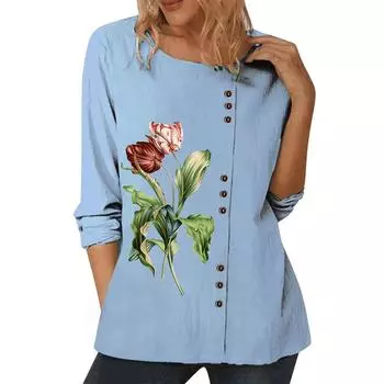 Женский хлопковый повседневный синий топ с различными популярными узорами, круглым вырезом и длинными рукавами S