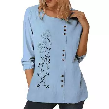 Женский хлопковый повседневный синий топ с различными популярными узорами, круглым вырезом и длинными рукавами S