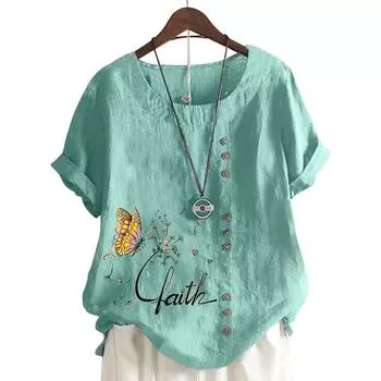 Женский хлопковый повседневный топ с 6 принтами, цвет синего озера, круглый вырез, короткие рукава S