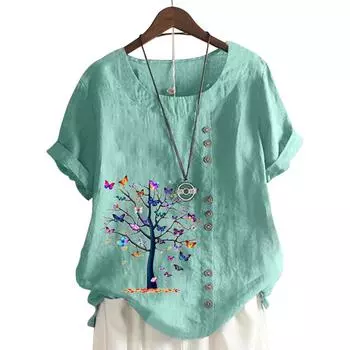 Женский хлопковый повседневный топ с 6 принтами, цвет синего озера, круглый вырез, короткие рукава S