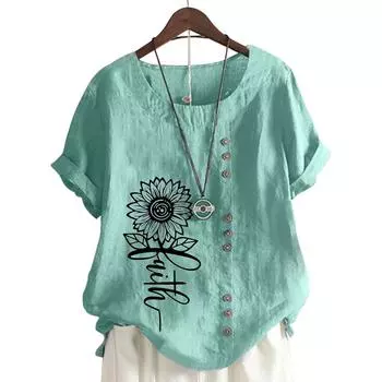 Женский хлопковый повседневный топ с 6 принтами, цвет синего озера, круглый вырез, короткие рукава S