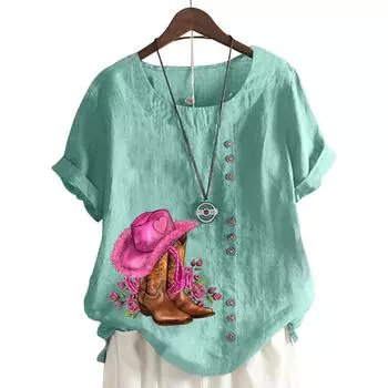 Женский хлопковый повседневный топ с 6 растительными узорами бабочки-стрекозы, голубой, круглый вырез, короткие рукава S