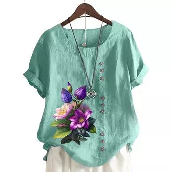 Женский хлопковый повседневный топ с 6 растительными узорами бабочки-стрекозы, голубой, круглый вырез, короткие рукава S