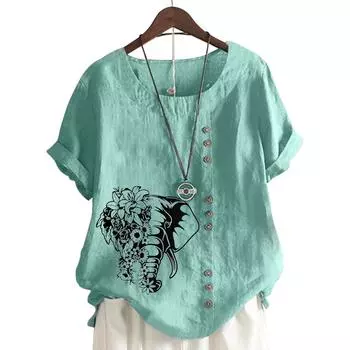 Женский хлопковый повседневный топ с 6 растительными узорами бабочки-стрекозы, голубой, круглый вырез, короткие рукава S