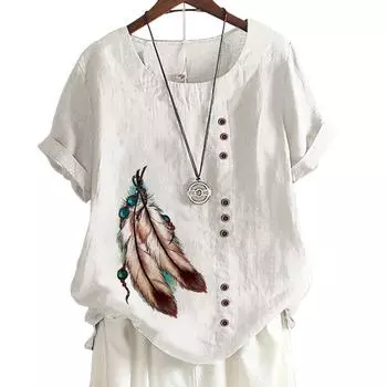 Женский хлопковый повседневный топ с цветочным принтом, 6 узорами, круглым вырезом, короткими рукавами, украшениями на пуговицах S