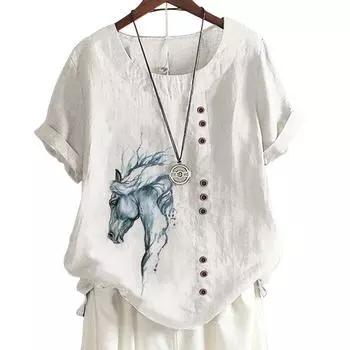 Женский хлопковый повседневный топ с цветочным принтом, 6 узорами, круглым вырезом, короткими рукавами, украшениями на пуговицах S