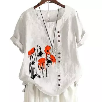 Женский хлопковый повседневный топ с цветочным принтом, 6 узорами, круглым вырезом, короткими рукавами, украшениями на пуговицах S