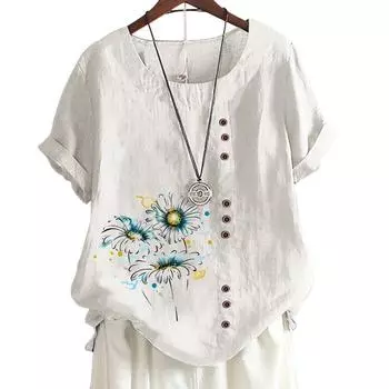Женский хлопковый повседневный топ с цветочным принтом, 6 узорами, круглым вырезом, короткими рукавами, украшениями на пуговицах S