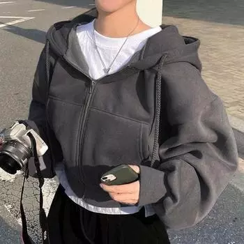 Женский хлопковый свободный свитер с капюшоном Lazy Wind, утепленная и укороченная универсальная куртка с длинными рукавами на осень и зиму S светло-серый