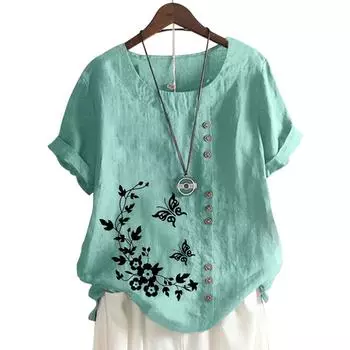 Женский хлопковый топ для отдыха с короткими рукавами, 11 вариантов цвета и стильным цветочным узором S озеро синий