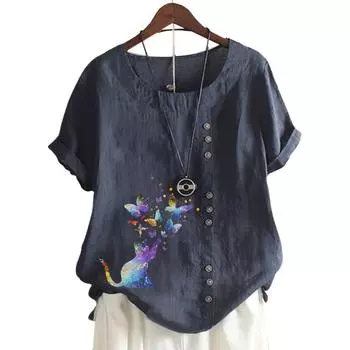 Женский хлопковый топ с короткими рукавами и модным цветочным узором, 11 цветов S озеро синий