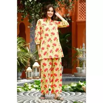 Женский хлопковый топ стандартного кроя с цветочным принтом и комплект Plazzo элегантного дизайна | Повседневная и повседневная одежда. Модный броский наряд. S