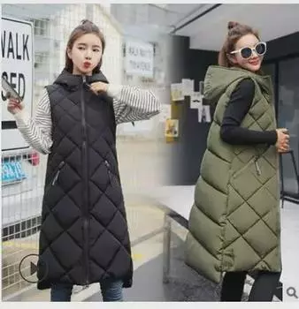 Женский хлопковый жилет средней длины без рукавов с капюшоном - теплый осенний жилет XL [125-135 jin] армия зеленый