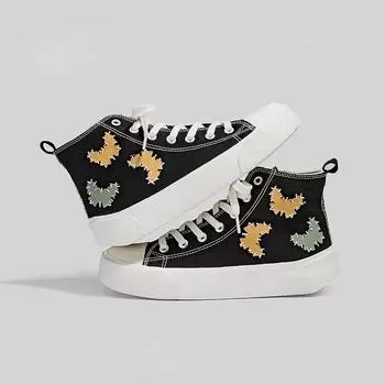 Женский холст Обувь Личность Мода Высокий верх Холст Обувь Открытый Повседневные Обувь для ходьбы 34 чёрный