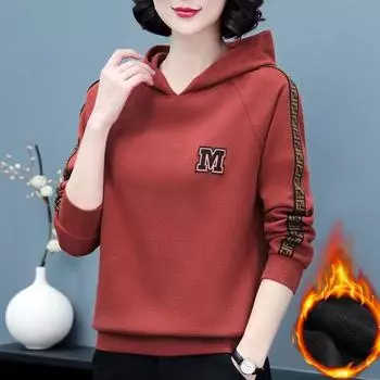 Женский худи на осень и зиму, плюс бархат, для среднего возраста, повседневный, свободный, омолаживающий, простой, футболка с длинным рукавом XXXXXL красный