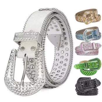 Женский и мужской джинсовый ремень с блестящими стразами, унисекс, ремень из искусственной кожи, регулируемый ремень в стиле хип-хоп, в стиле панк-рок S чёрный
