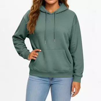 Женский и мужской модный однотонный пуловер с капюшоном и длинными рукавами и карманами, повседневный взрослый свитшот-топ L армия зеленый