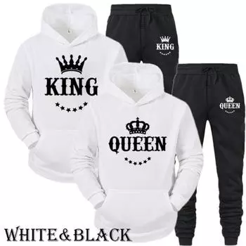 Женский и мужской парный костюм с капюшоном и длинными рукавами, с принтом короля и королевы, комплект с капюшоном для влюбленных S