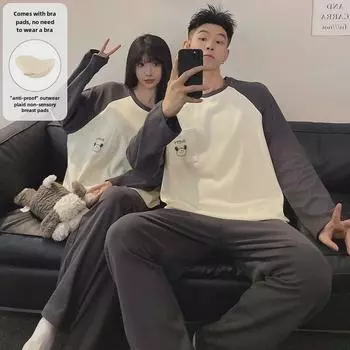Женский и мужской пижамный комплект с нагрудными накладками и рисунком – домашняя одежда с длинными рукавами в корейском стиле для осени и зимы Men s L