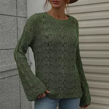 Женский И Зимний Однотонный Вязаный Свитер-Пуловер с Круглым Вырезом и Длинным Рукавом S