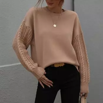 Женский И Зимний Однотонный Вязаный Свитер-Пуловер с Круглым Вырезом и Длинным Рукавом S