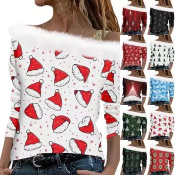 Женский и зимний пуловер с длинными рукавами и одним плечевым ремнем с рождественским принтом M