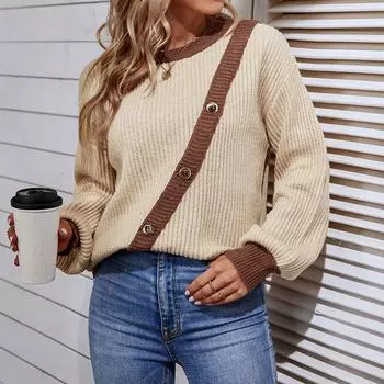 Женский и зимний пуловер с контрастными цветами, на пуговицах, с круглым вырезом, вязаный свитер с рукавами XL