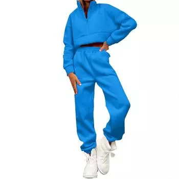 Женский и зимний свитер с длинным рукавом, однотонный свитер с пуговицами и воротником-стойкой, спортивный комплект из двух частей S синий