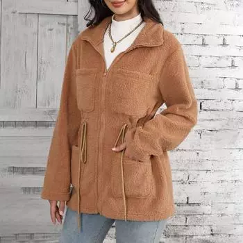 Женский и зимний свободный карман на молнии с лацканами и длинным рукавом кардиган плюшевое пальто XL верблюд
