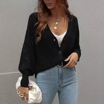 Женский И Зимний Вязаный Кардиган на Пуговицах Однотонный Свитер с Длинным Рукавом M