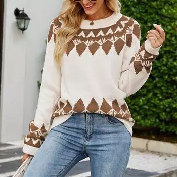 Женский И Зимний Вязаный Модный Принт Цветной Пуловер С Коротким Рукавом Свитер M