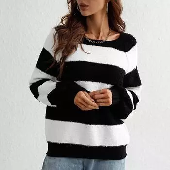Женский и зимний вязаный свитер с цветными вставками, круглым вырезом, длинными рукавами, в полоску L