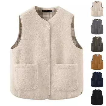 Женский и зимний жилет из искусственной овечьей шерсти в клетку, жилет с круглым вырезом, двусторонний жилет из зернистого флиса L бежевый