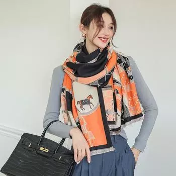 Женский имитационный кашемировый платок, осенне-зимний теплый шарф с ретро-принтом чёрный/оранжевый