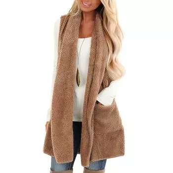 Женский искусственный кардиган без рукавов, пушистый винтажный лохматый жилет, куртка, длинное пальто L хаки