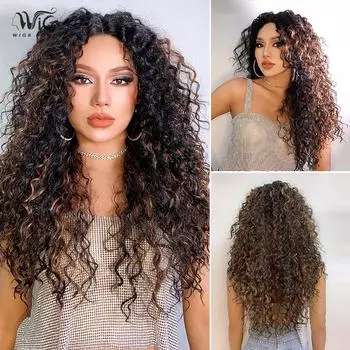 Парик с кружевной передней частью Kinky Curly | Термостойкое японское шелковое волокно | Средняя часть натуральных афро-волос для женщин | Регулируемая полная шапочка 62cm темно-коричневого