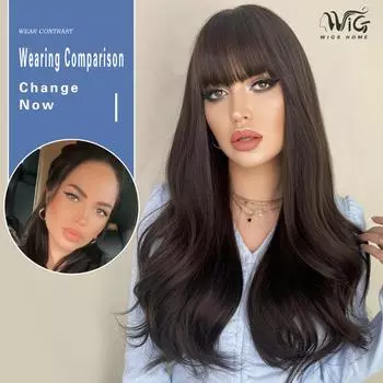 Объемный длинный кудрявый парик с перьевой челкой - естественная волна, термостойкий повседневный/вечерний/свадебный парик (Дышащий Легкий) 65cm чёрный