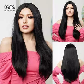 Женский искусственный парик, 66 см, черный парик, длинный прямой парик, Т-образный передний кружевной парик, головные уборы, красивое украшение, парик канекалон 66cm чёрный