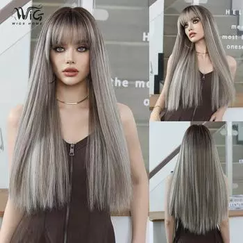 Женский искусственный парик 68 см, длинный прямой парик для косплея, полный головной убор, сетка для волос в виде розы, головной убор, украшение для красоты, парик 68cm 26.77Inch серый