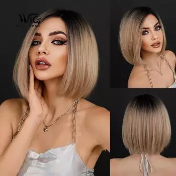 Женский искусственный парик, волосы 30 см, каштановый парик, короткий прямой парик, полное покрытие головы, розовая сетка для волос, плетенный вручную кружевной парик с короткими волосами 30cm золотой