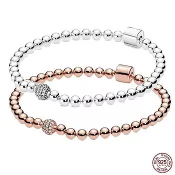 Женский изысканный браслет из стерлингового серебра 925 пробы, розовое золото, пряжка-ведро, браслет из бисера, подходит для оригинальных очаровательных бусин Pandora, подарок своими руками серебряный