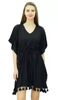 Женский кафтан Bimba с v-образным вырезом и кисточками, короткая пляжная одежда с завязками на талии, накидка 10 чёрный