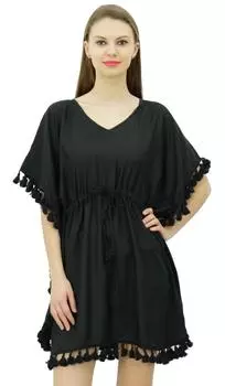 Женский кафтан Bimba с v-образным вырезом и кисточками, короткий кафтан из вискозы, дизайнерская накидка для пляжной одежды 10 чёрный