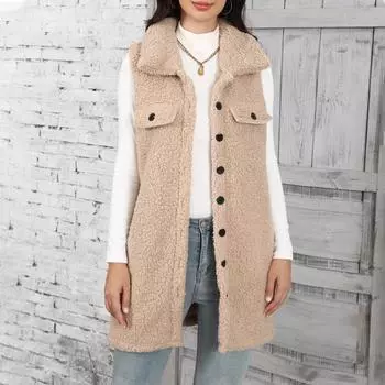 Женский кардиган без рукавов с отворотом и заостренными волосами, плюшевый жилет L хаки