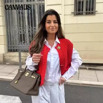 Женский кардиган без рукавов, свитер, жилет, осенний жилет с карманами, вязаный короткий жилет S красный