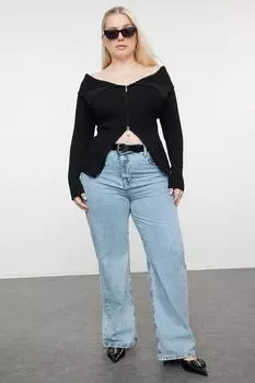 Женский кардиган больших размеров, черный трикотажный кардиган на молнии с широким воротником