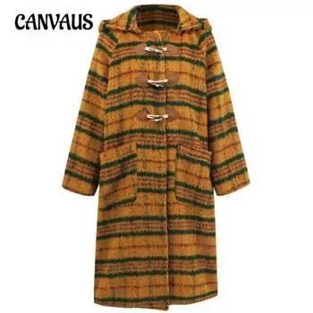 Женский кардиган больших размеров, зимний, новый, шерстяное пальто с роговыми пуговицами, свободное, винтажное, с капюшоном, теплое, длинное, в клетку, пальто S жёлтый