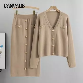 Женский кардиган большого размера с запахом, свитер, полуоблегающая юбка, весенне-осенний трикотажный костюм с юбкой One Size хаки