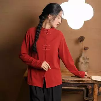 Женский кардиган из бархата в китайском стиле в стиле ретро – осень/зима, полувысокий воротник L (105-120 lbs)